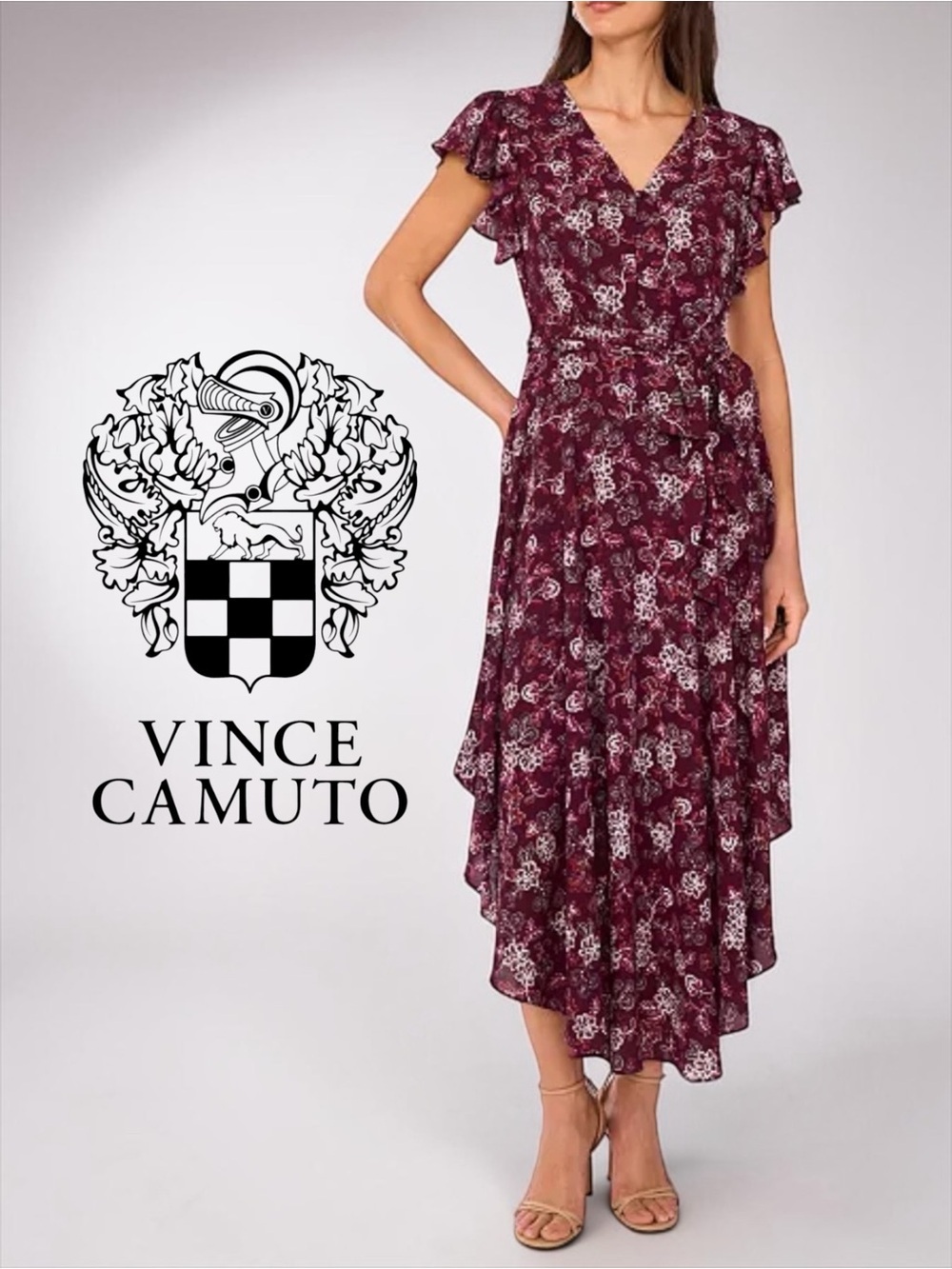 NWT Vince Camuto Floral High Low Maxi Dress Medium Burgundy Flutter Sleeve